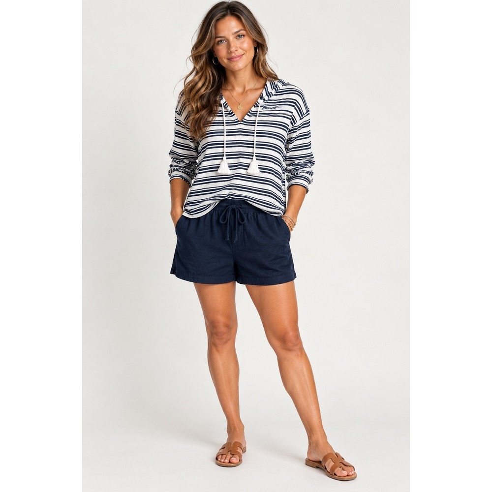Tahari 100% Linen Knit 2 Piece Set L Striped Hoodie Navy Shorts Coastal